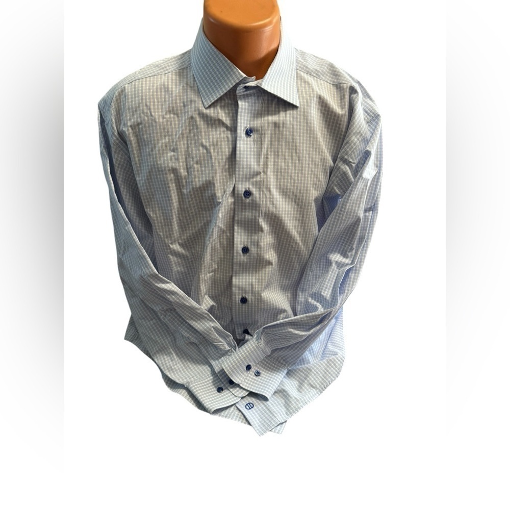 David Donahue Dress Shirt Blue White Check Minimalist Modern Men's 17.5 32/33